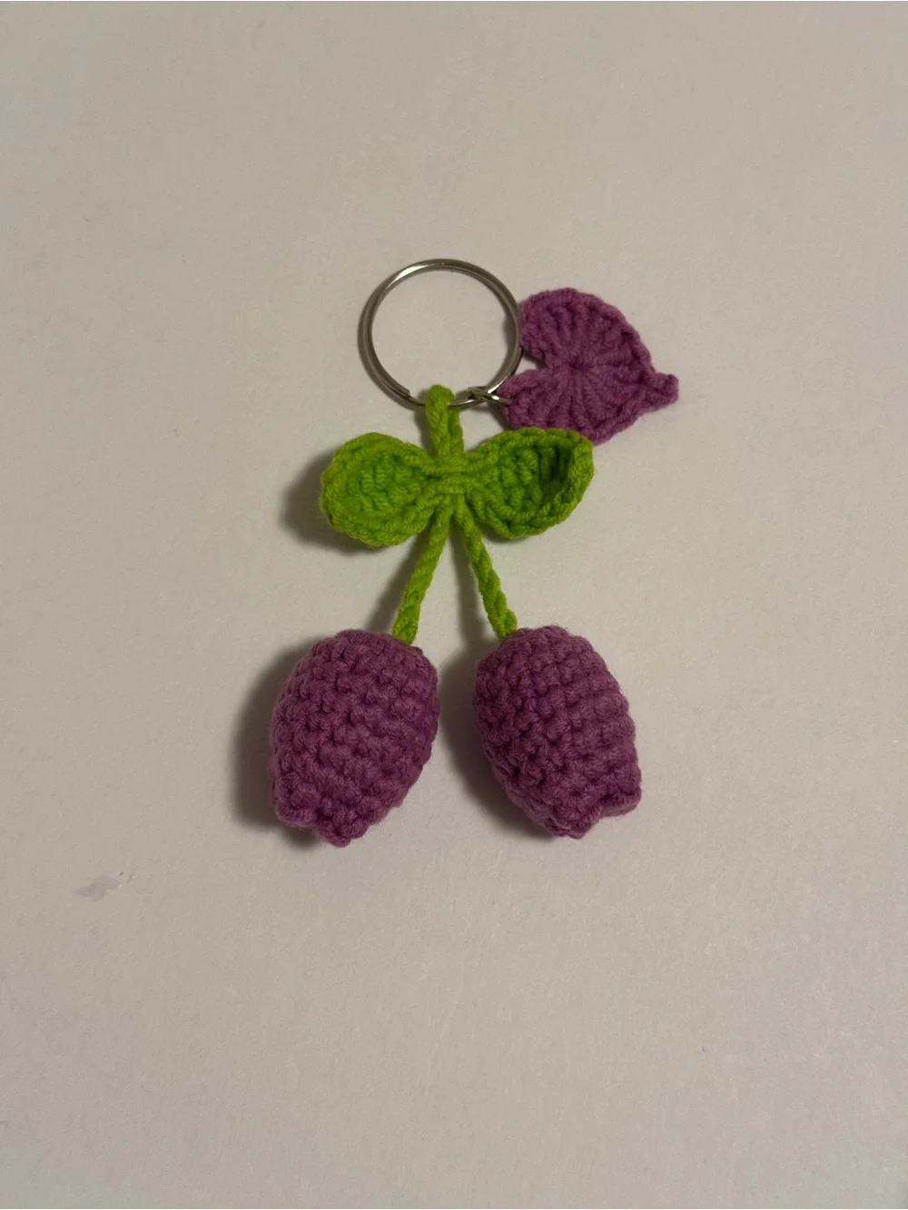 Handmade Crochet Cherry Keychain in Purple and Lime Green